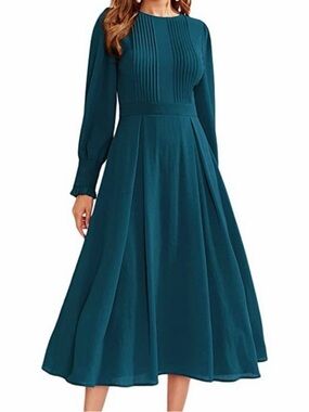Vintage Teal Long Sleeve Pleated Midi Dress